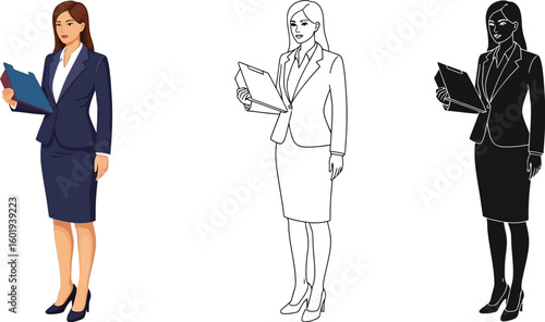 Businesswoman character vector illustration of professional woman in suit holding clipboard and file folder
