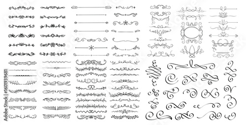 dividers doodle set. Wedding decorative elements. Divider ornament, borders, vintage line separators. Hand drawn vector illustration