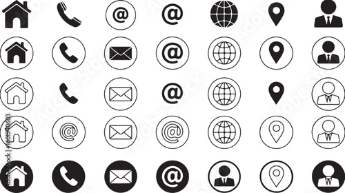 Collection of Contact Information Icons for Business Cards and Websites in Various Styles and Formats