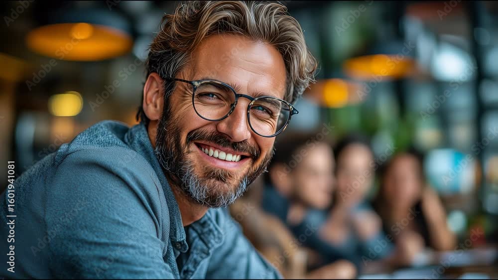 A confident man with glasses and a beard looks at the camera and smiles. Against the background of a blurred office environment with coworkers. A confident man with glasses and a beard looks at the camera and smiles. Against the background of a blurred office environment with coworkers.