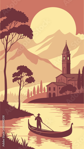 Serene Stylized Illustration of a Gondolier in a European Landscape