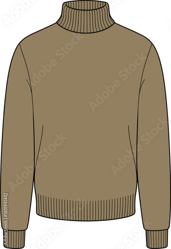 Men’s turtleneck sweater cad drawing flat vector illustration, winter knit pullover fashion technical sketch, casual long sleeve design template