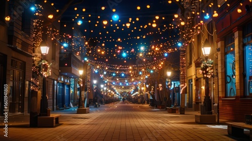 Fototapeta Naklejka Na Ścianę i Meble -  A festive, illuminated city street at night with Christmas decorations and festive lights.