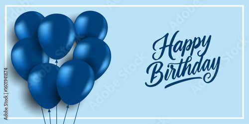 Happy Birthday cards with balloons and blue strips. Template for postcard, poster, flyer, banner,  anniversary horizontal banner with flying helium balloons and confetti ribbons.and copy space.