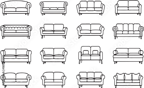 Elegant Sofa Collection Diverse Designs for Home Decor Black and White Line Art Illustrations