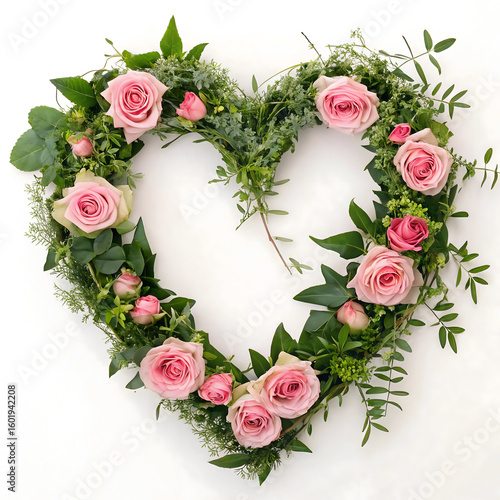 Heart-shaped floral wreath made with pink roses and green foliage arranged in elegant harmony