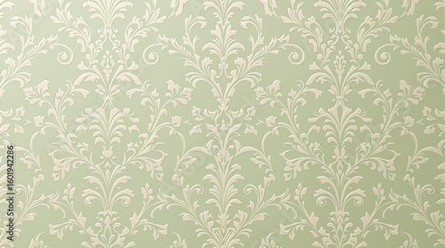 Elegant pale green background with a repeating ornate damask pattern, featuring a subtle gradient and intricate floral details