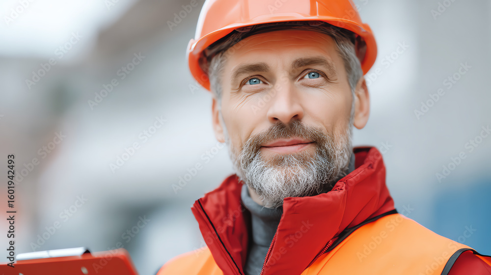 Fototapeta premium A confident construction worker in a safety helmet, overseeing a project with a thoughtful expression and a clipboard in hand.