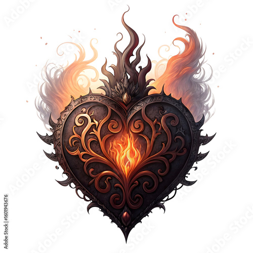 Flaming heart in gothic style burning with dark fantasy energy against a dramatic moody backdrop