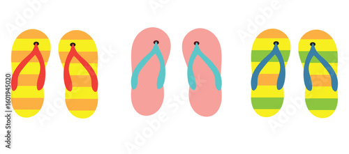 Four pairs of flip-flops arranged in a row against a white background