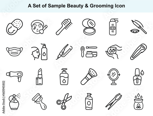 Line drawing displays various beauty and grooming related items