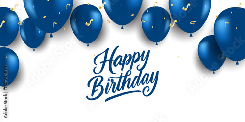 Happy Birthday cards with balloons and blue strips. Template for postcard, poster, flyer, banner,  anniversary horizontal banner with flying helium balloons and confetti ribbons.and copy space.