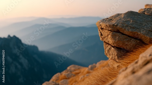 Wallpaper Mural Close up on rocky mountain peak at sunrise with misty blue layers of distant mountains Torontodigital.ca