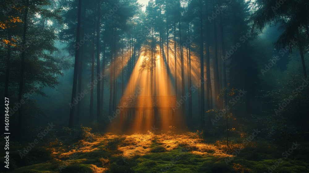 Obraz premium Create a foggy woodland scene with towering pines and glowing light rays