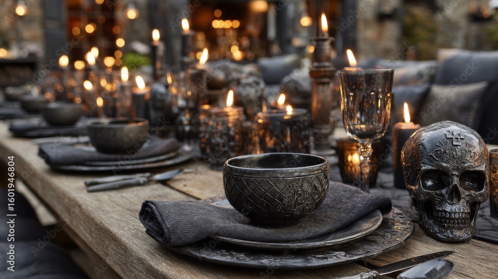 Fototapeta premium Dark Elegant Halloween Table Setting with Skull Decor