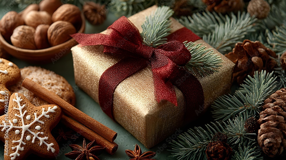 Fototapeta premium Holiday Gift Box Surrounded By Festive Decorations And Treats