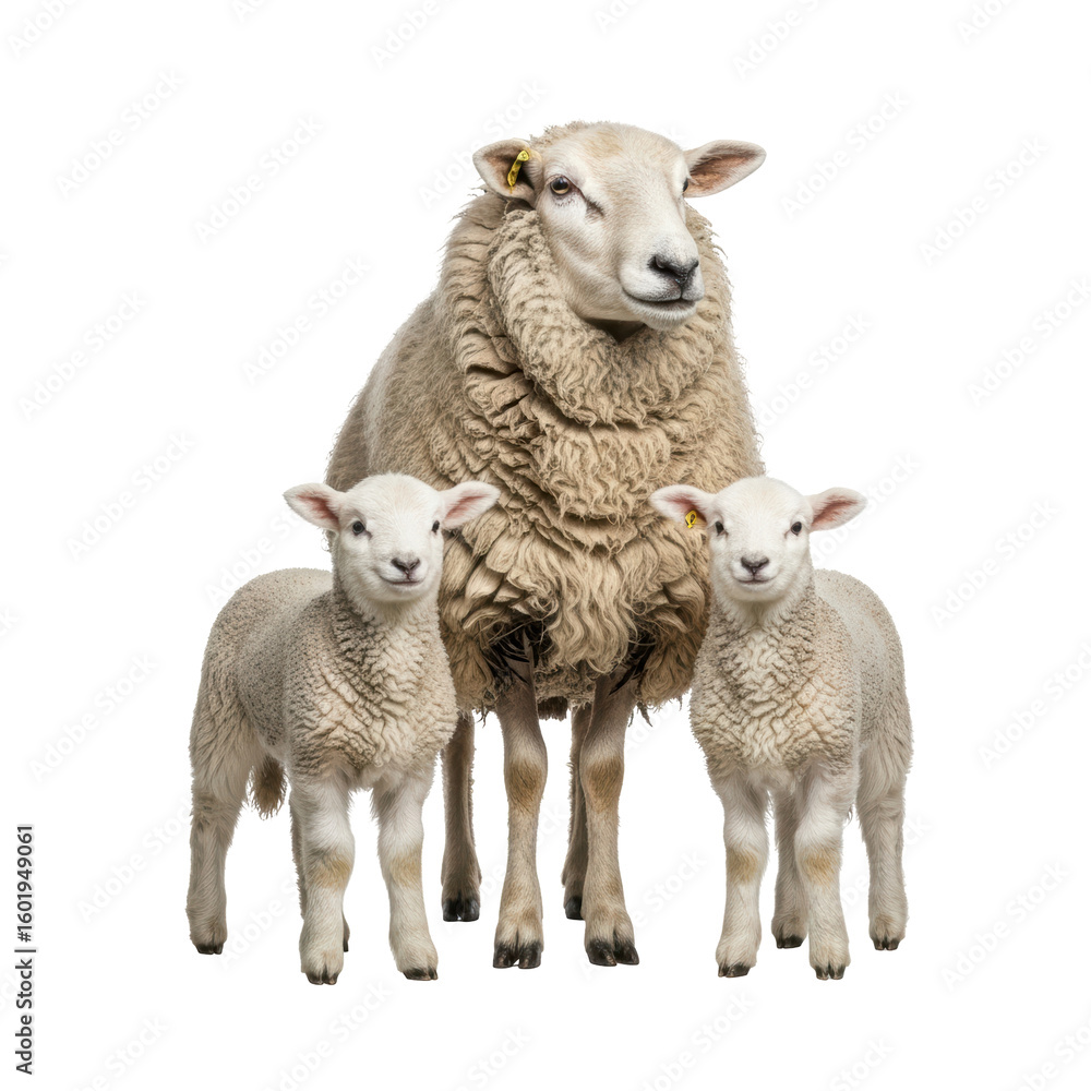 Obraz premium A ewe with her two young lambs standing side by side. This image captures the bond within a sheep family, ideal for agricultural or animal related themes.
