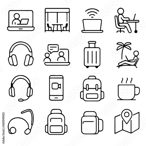 A curated collection of line art icons for the modern workplace, from technology to travel, depicting various elements of the digital age.