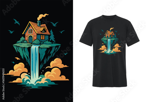 An illustration features a quaint house with a chimney on a floating island.The image appears twice once as standalone artwork and again printed on a black T-shirt.