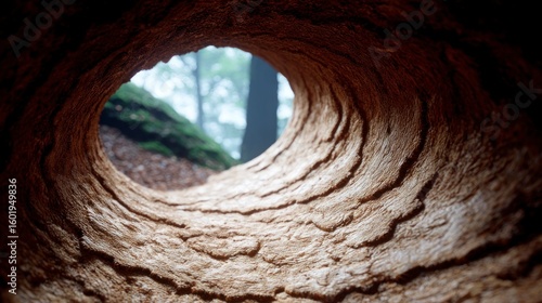 View through a hollow tree trunk looking out into a misty forest with mossy ground