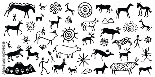 Set petroglyphs, rock paintings, isolated on white background, naive art, vector design