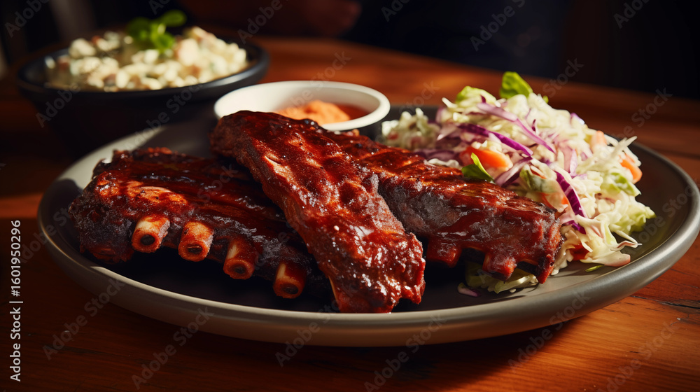 Fototapeta premium In junk food Sweet and tangy BBQ ribs with creamy sauce and salad .