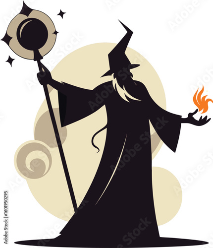 Dark wizard conjuring fire with magical staff and celestial background vector