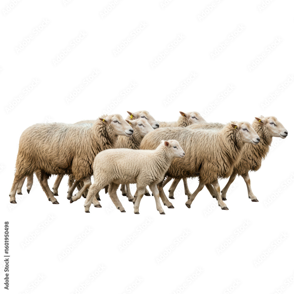 Fototapeta premium A group of adult sheep and a young lamb walk across the frame, portraying farm animals in motion. This image is suitable for agricultural or nature related projects.