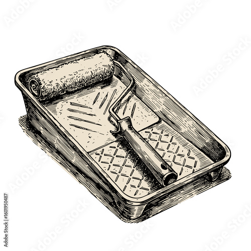 Painting roller and tray in detailed vintage illustration style  