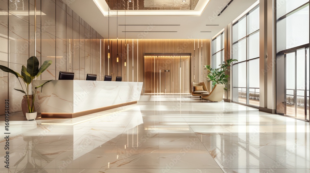Fototapeta premium A modern, spacious lobby with a marble floor and wooden accents.