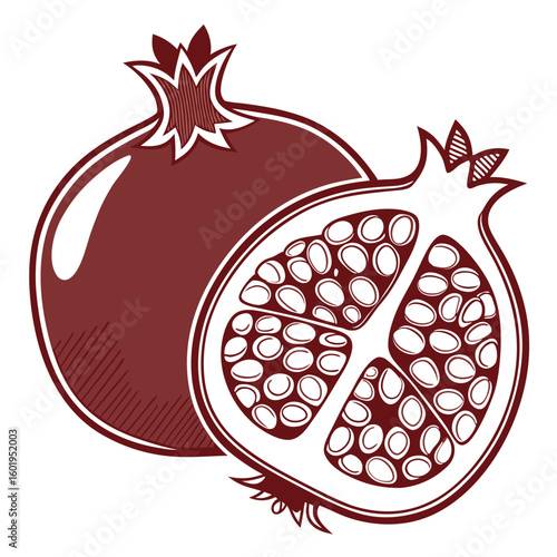 Stylized Pomegranate Duo Whole and Halved with Seed Detail in Maroon