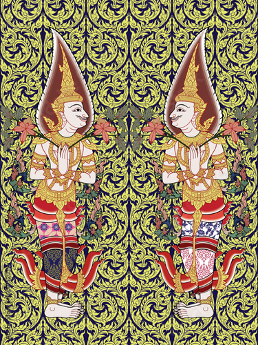 Traditional Thai art doorkeeper painting pattern in damask style motif suitable for wallpaper, cloth, textile, fashion and fabric design isolated illustration vector archive EPS file.
