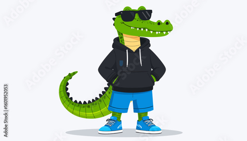 Cool crocodile cartoon character wearing sunglasses, hoodie, and shorts.