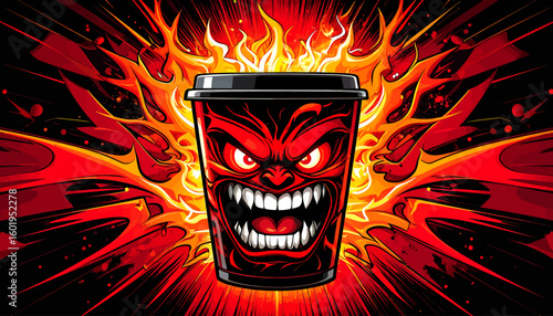 Fiery demonic coffee cup design, engulfed in flames, intense expression.