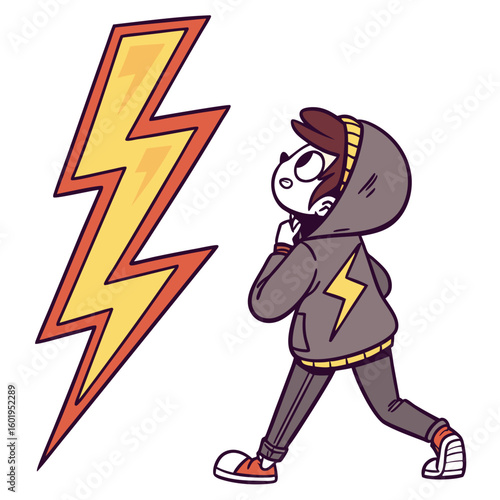 Youthful Figure Contemplating a Giant Stylized Lightning Bolt