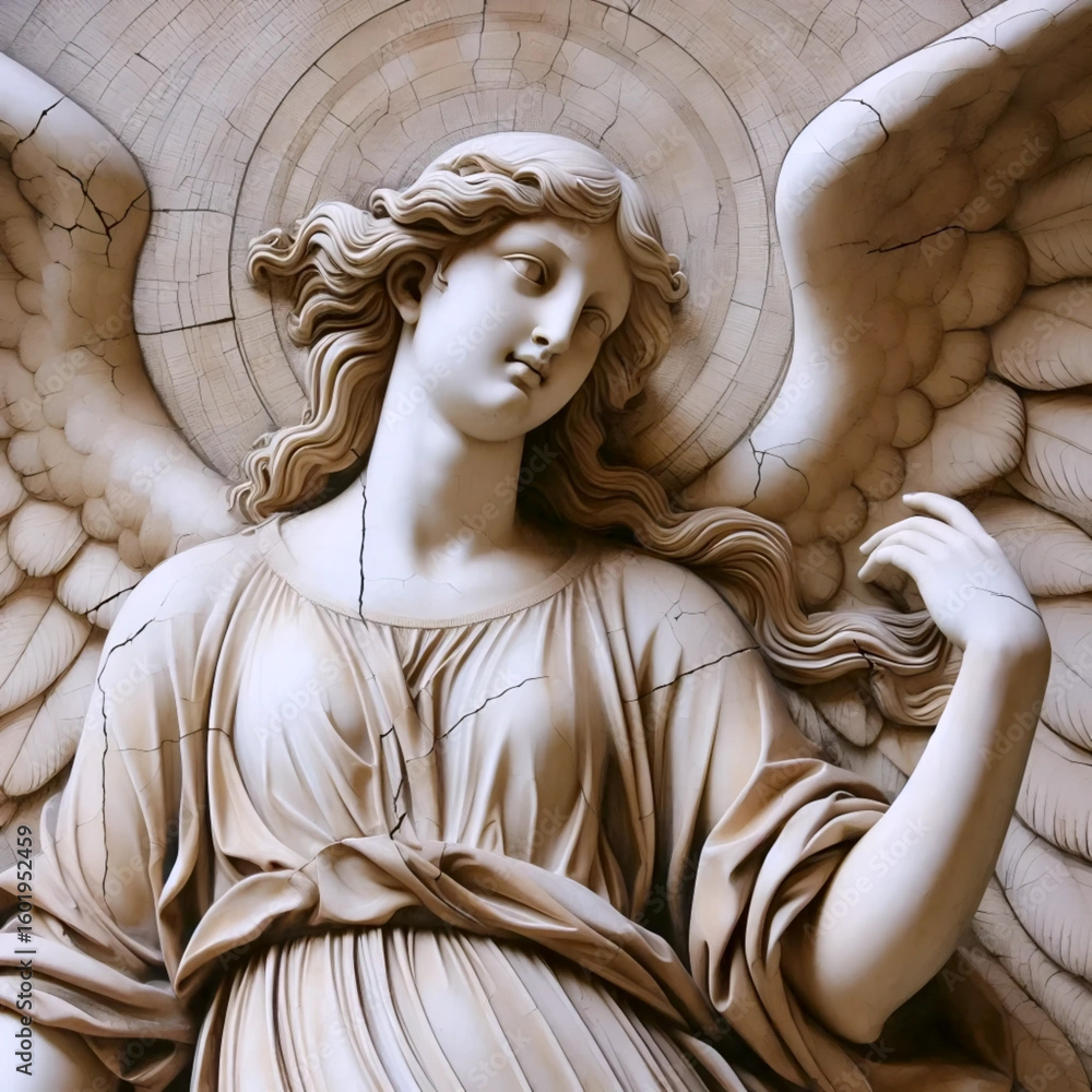 Naklejka premium A Renaissance fresco angel with gilt details on aged plaster, Ai generated image