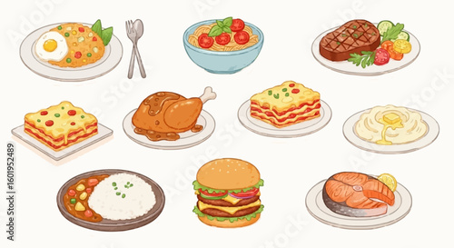 Vector with brush strokes on the theme of funny main meals