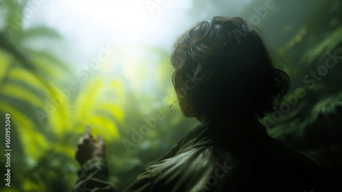 Wallpaper Mural Rear view person lush green jungle misty atmosphere exploring adventure nature curiosity Torontodigital.ca