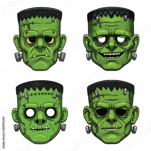 Frankenstein monster heads with different expressions