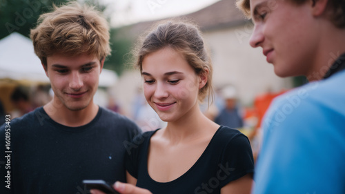 Fototapeta Naklejka Na Ścianę i Meble -  Teenagers friends outdoor festival small town casual smiling looking at phone happy mood
