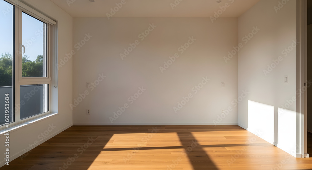 Obraz premium Interior of a bright, empty room in a modern house with hardwood floors and natural sunlight from a large window