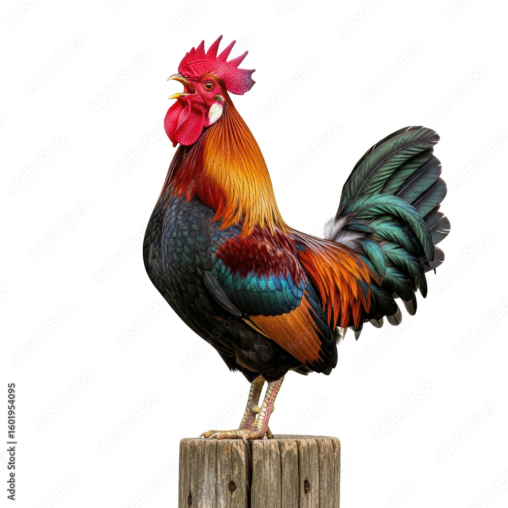 Fototapeta premium A magnificent rooster with bright red comb and colorful iridescent feathers crows loudly while perched on a rustic wooden post, symbolizing morning and farm life.