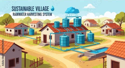 Illustrated Sustainable Village Rainwater Harvesting System with Blue Tanks and Pipes