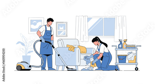 Professional cleaning team attending to residential interior spaces with specialized equipment and utensils