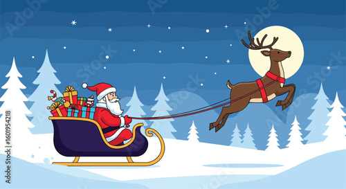 Pixel art santa claus riding sleigh pulled by reindeer across snowy winter night sky