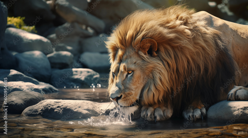 Obraz premium The Crown of the Wild. Roar of Royalty. A lion drinking water from a lake.