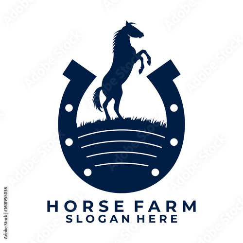 Farm house logo design with Horse standing and horseshoe vector