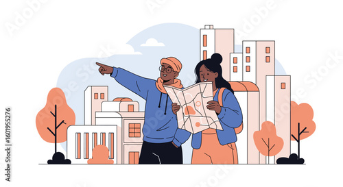 Two friends exploring a vibrant city together enjoying the urban landscape and planning their next adventure