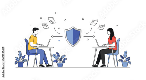 Two people collaborating online securely with a digital shield symbolizing protection and data safety