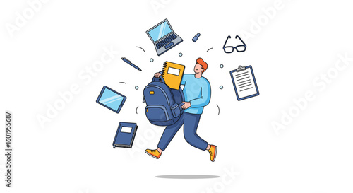 Young student hurrying to school carrying overloaded backpack surrounded by flying study supplies and gadgets